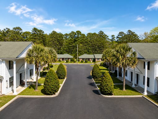 A street view of a residential area with houses on both sides.