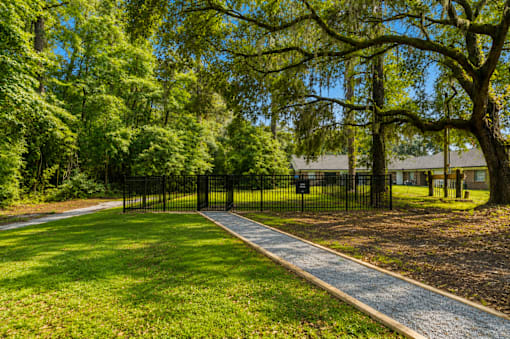 A pathway in a park with a black fence on one side.