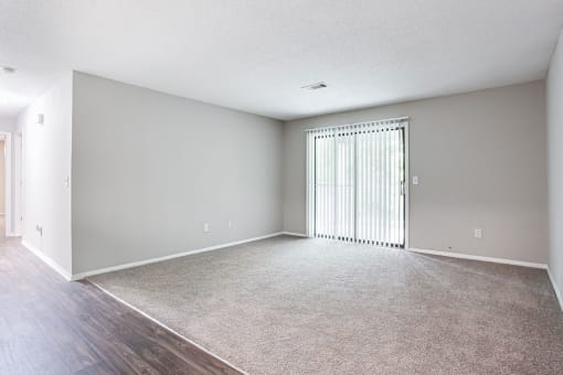 living room with sliding glass door and carpet at Magnolia Place at Stockbridge Apartments, Stockbridge