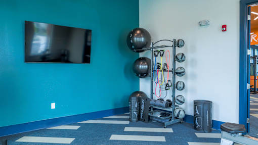 A gym room with a blue wall and exercise equipment.