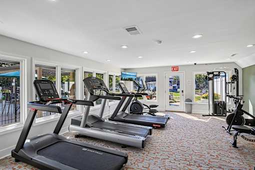 A gym with treadmills and exercise equipment.