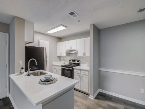 a white kitchen with a sink and a refrigerator at The Sapphire, Decatur