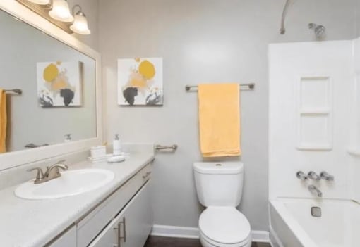 a bathroom with a toilet and a sink and a mirror at The Sapphire, Georgia