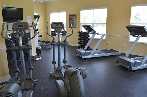 Fitness center with cardio equipment at the Haven at Market Street Station Johnson City, TN