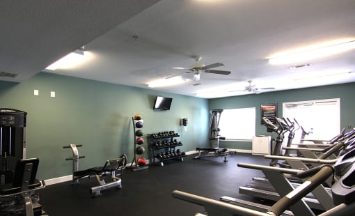 Fitness center with dumb bells at the Haven at Reed Creek Martinez, GA