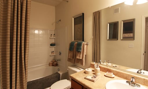 Model bathroom with tub and shower at the Haven at Reed Creek Martinez, GA