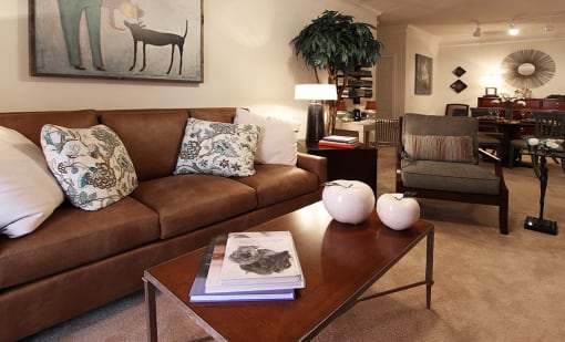 Model apartments with couch and coffee table at Haven at Reed Creek Martinez, GA