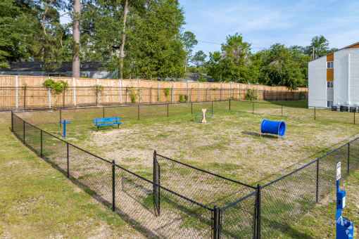 a fenced in dog park with agility courses at Summit Augusta, Augusta Georgia