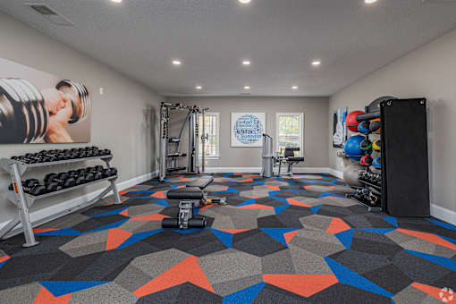 A gym with a variety of equipment including dumbbells, weight plates, and a bench press.