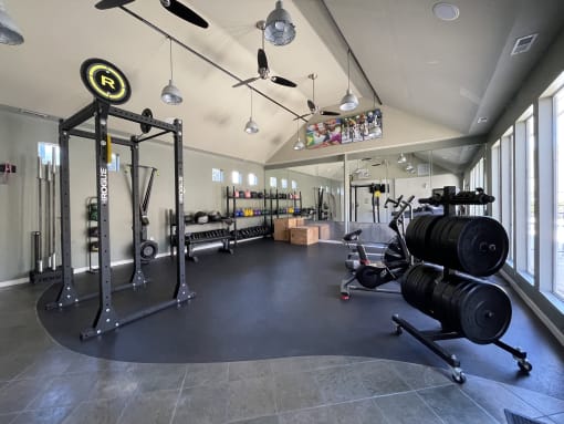 fitness center featuring free weights at Palmetto Place, Fort Mill