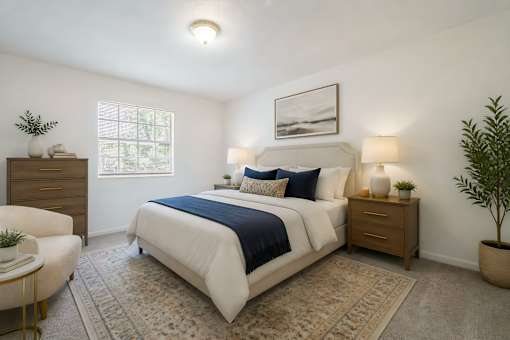 A bedroom with a large bed and a rug on the floor.