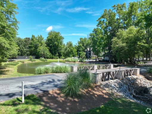 a park with a pond and a bridge
