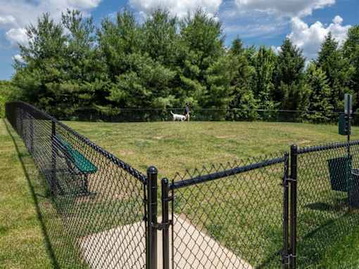 A black chain link fence surrounds a green park bench.