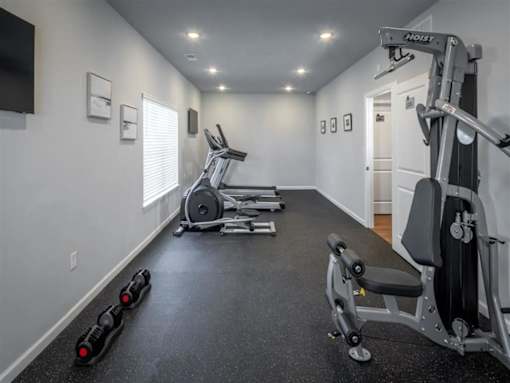 A well-equipped home gym with a variety of exercise machines.