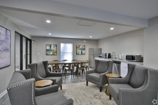 a community room with chairs and a bar and a kitchen