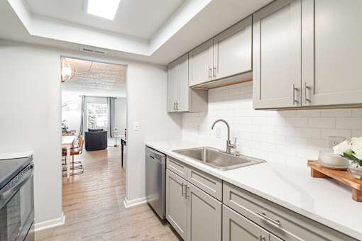 A kitchen with a sink and a window.
