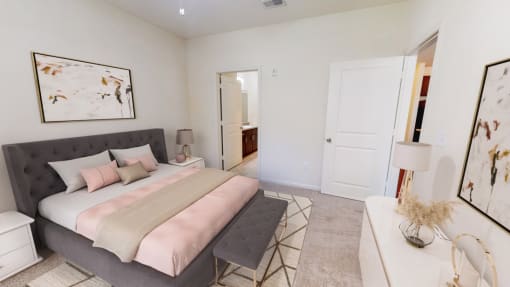 a bedroom with a large bed and a white closet