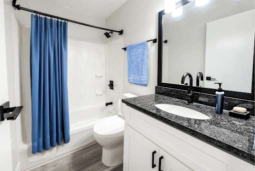 A bathroom with a blue shower curtain and a white toilet.