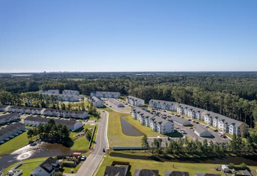 A bird's eye view of a residential area with houses and a road.