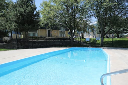 A blue swimming pool surrounded by trees and a fence.