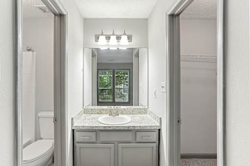 A bathroom with a sink, mirror, and toilet.