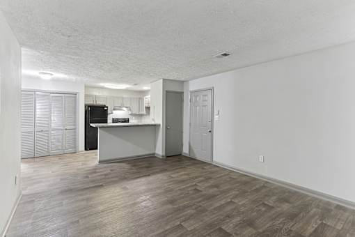A room with a kitchenette and a door.