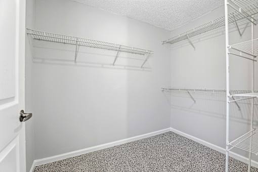 A white closet with shelves and a door.