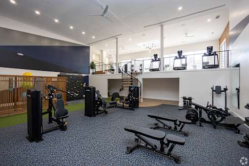 A gym with a variety of equipment including weights, a bench press, and a treadmill.