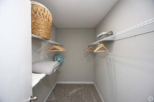 A small, white closet with a basket on the shelf.