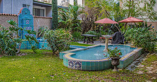 A small pool surrounded by plants and umbrellas.