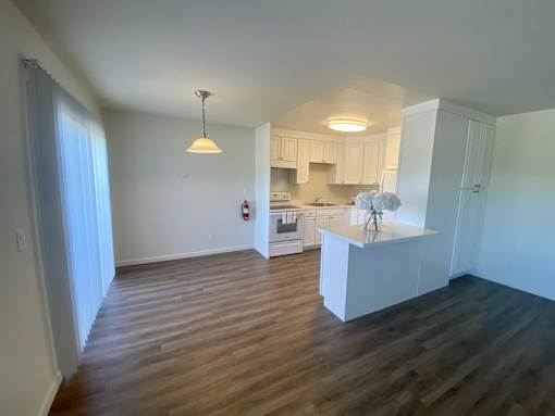 a view of a living room and kitchen with wood flooring