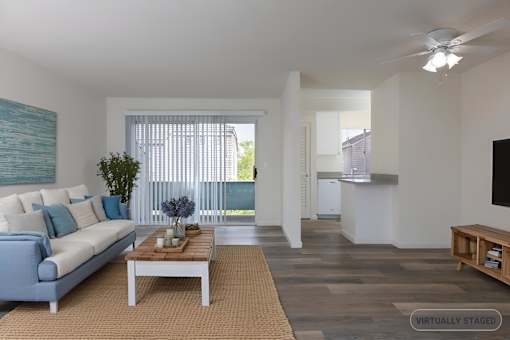 A living room with a couch, a coffee table, and a television.