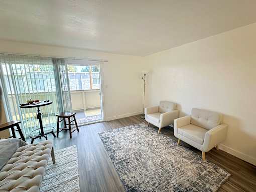 the living room of an apartment with two couches and a rug