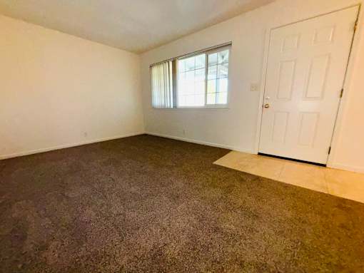 A room with a carpeted floor, a window with blinds, and a white door.