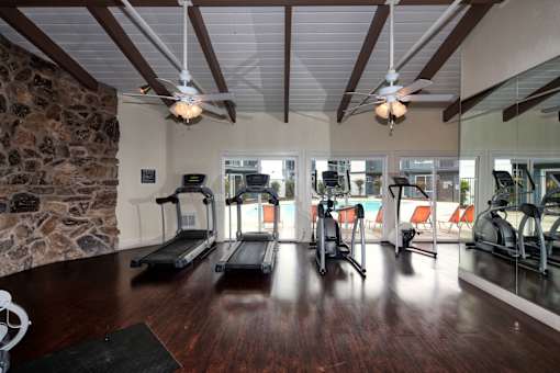 A gym with treadmills and exercise equipment.