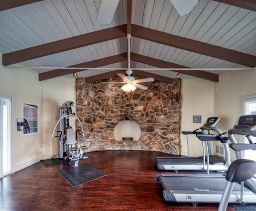 A gym with treadmills and a rowing machine.