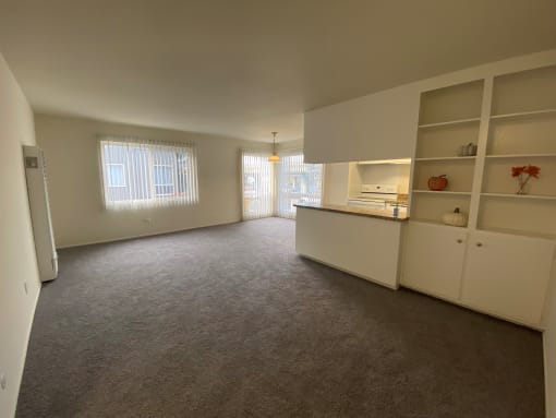 19th ave Living room with carpet and bookshelf sidings in the wall