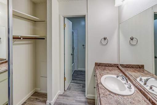 A bathroom with a sink, mirror, and a walk-in closet.