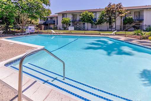 A swimming pool surrounded by a fence and trees.
