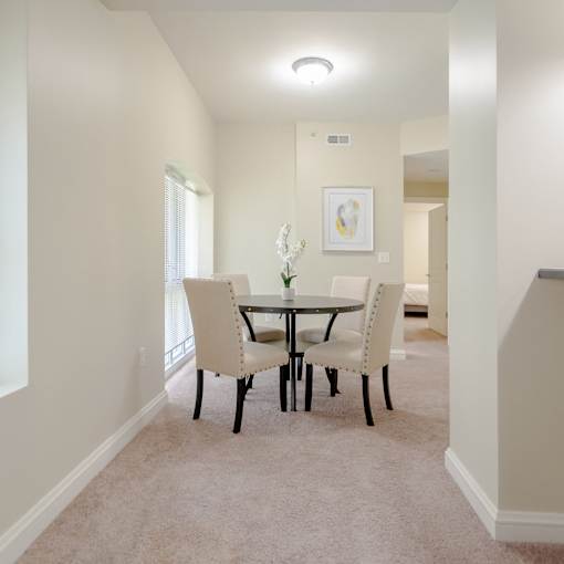 Dining room area of an apartment, furnished with a dining table, rug, carpet flooring, and a high ceiling.