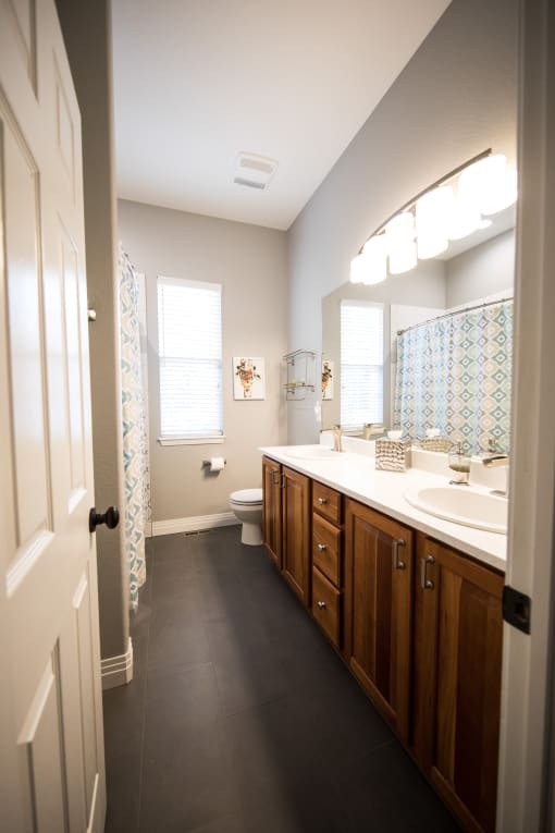 a bathroom with a large mirror and a sink and a toilet