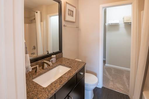 A bathroom with a sink, toilet, and shower.