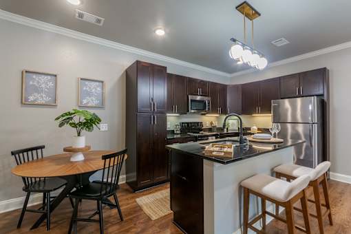Model Kitchen Island at Arlo Luxury Apartment Homes, Little Rock, AR, 72210