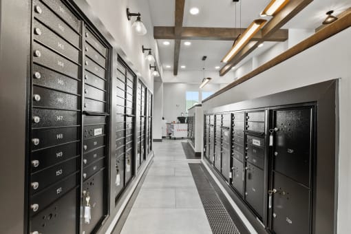 a long hallway with lockers in a data center