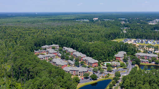 Aerial view of multifamily community surrounded by forest at Courtney Bend Apartments, Hardeeville, SC 29927