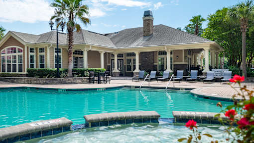 Clubhouse exterior with resort style pool and spa at Courtney Bend Apartments, Hardeeville, 29927