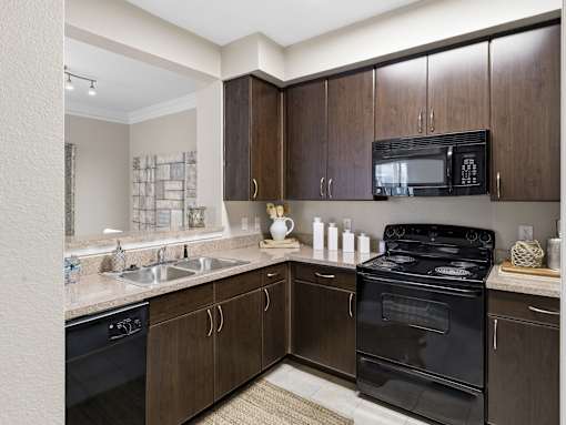 Kitchen with dark cabinetry and black appliances at Courtney Bend Apartments, Hardeeville, 29927