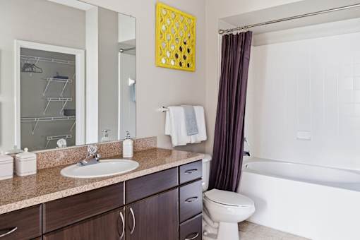 Bathroom with granite vanity and soaking tub at Courtney Bend Apartments, Hardeeville, 29927