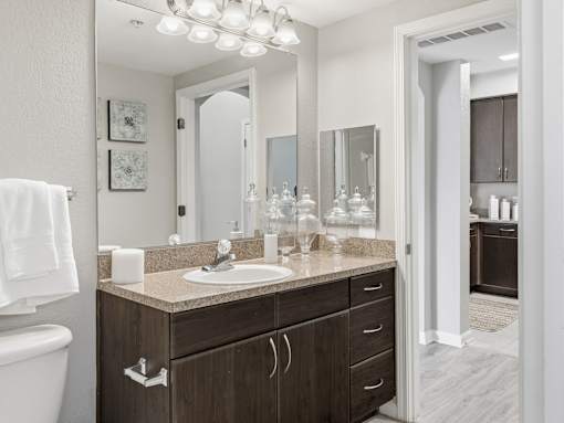Bathroom vanity with dark wood cabinets and drawers at Courtney Bend Apartments, Hardeeville, SC 29927