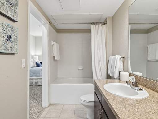 Bathroom with tub shower combo and vanity at Courtney Bend Apartments, Hardeeville, South Carolina
